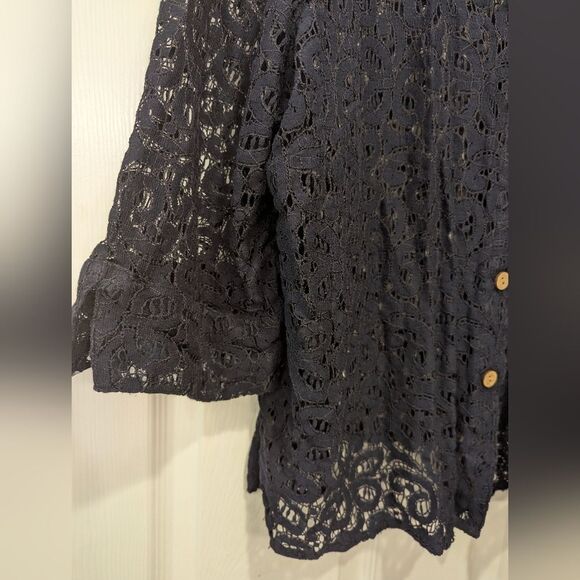 Ruby Rd. Women's Black Navy Lace Sheer 3/4 Sleeve Embellished Button Shirt 18W - Picture 7 of 8